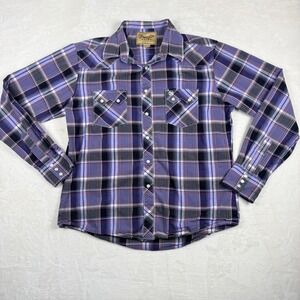 Wrangler Retro Western Fashion Snap Shirt Mens Large Purple Plaid Cowboy